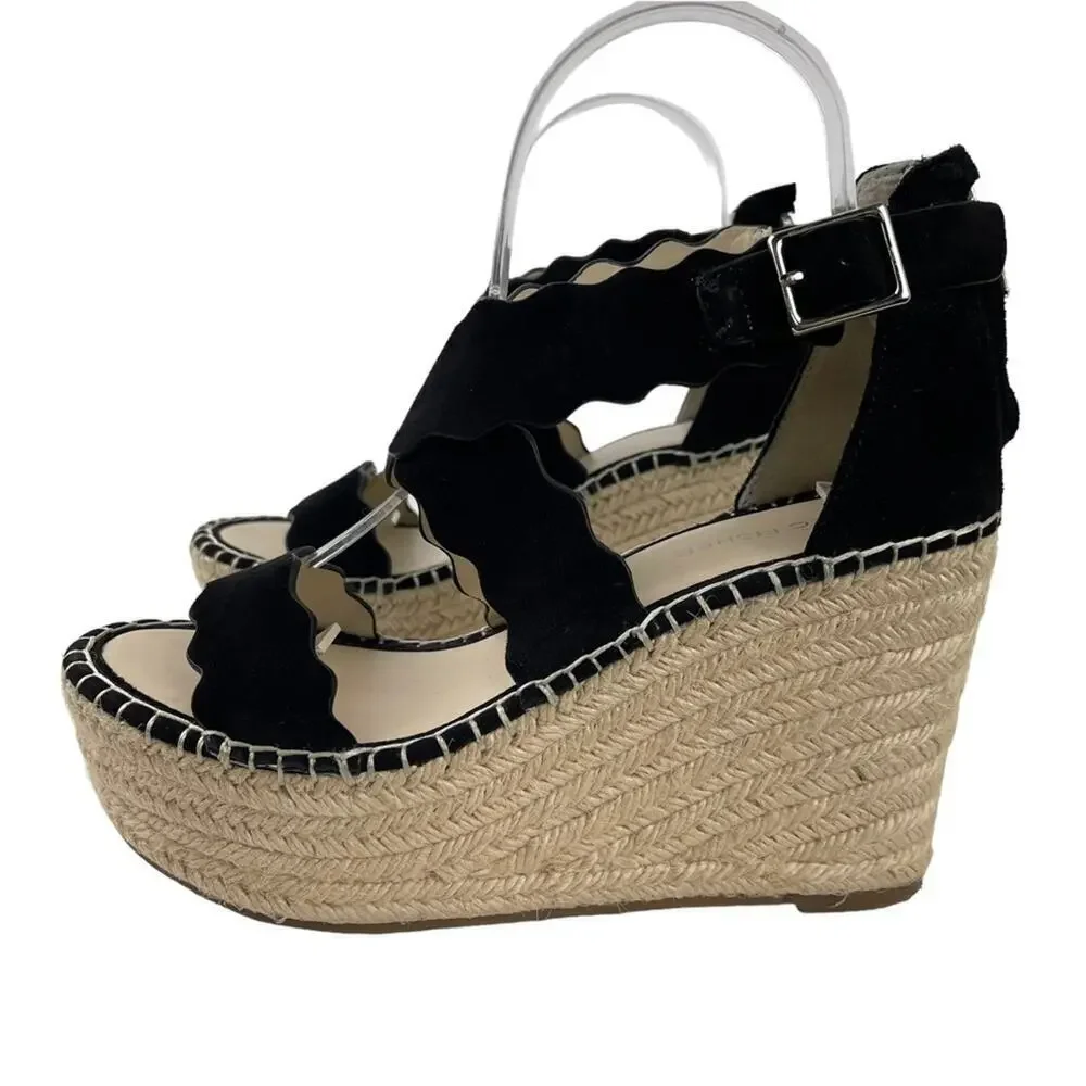 Marc Fisher Calita Black Suede Scalloped Crisscross Platform Espadrille Wedge 7M